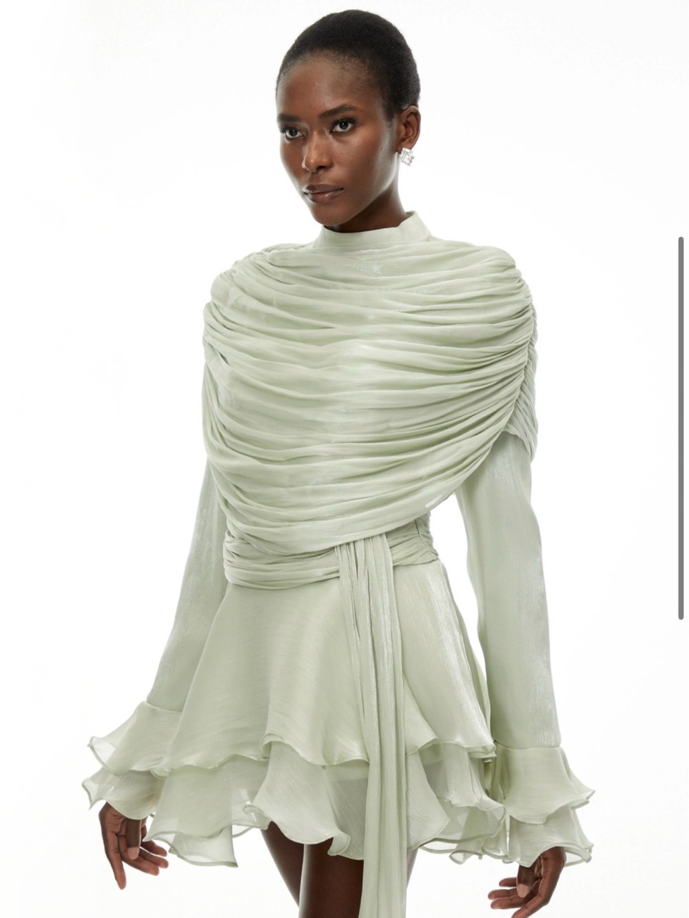 Sage Green Ruched Long-Sleeve Mini Dress
